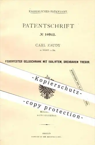 original Patent - Carl Zaudy , Wesel a. Rh. , 1879, Feuerfester Geldschrank , Tresor , Tresore , Schlosser , Schlosserei