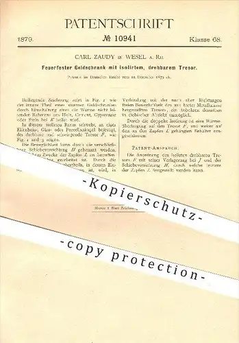 original Patent - Carl Zaudy , Wesel a. Rh. , 1879, Feuerfester Geldschrank , Tresor , Tresore , Schlosser , Schlosserei