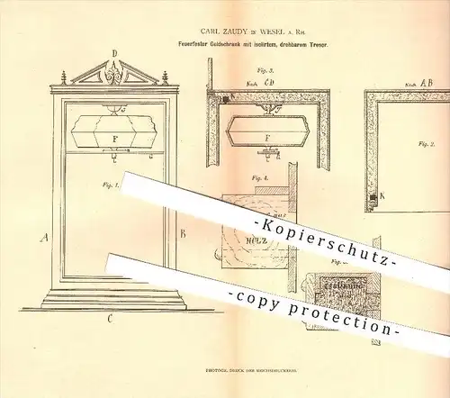 original Patent - Carl Zaudy , Wesel a. Rh. , 1879, Feuerfester Geldschrank , Tresor , Tresore , Schlosser , Schlosserei