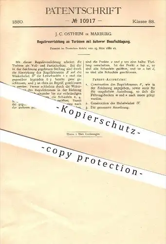original Patent - J. C. Ostheim in Marburg , 1880 , Reguliervorrichtung an Turbinen , Turbine , Kraftmaschinen !!!