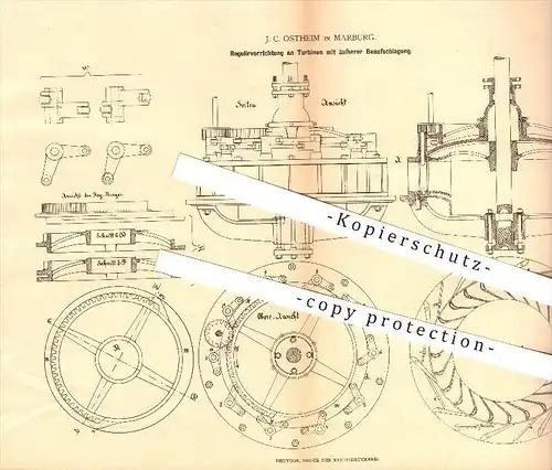 original Patent - J. C. Ostheim in Marburg , 1880 , Reguliervorrichtung an Turbinen , Turbine , Kraftmaschinen !!!