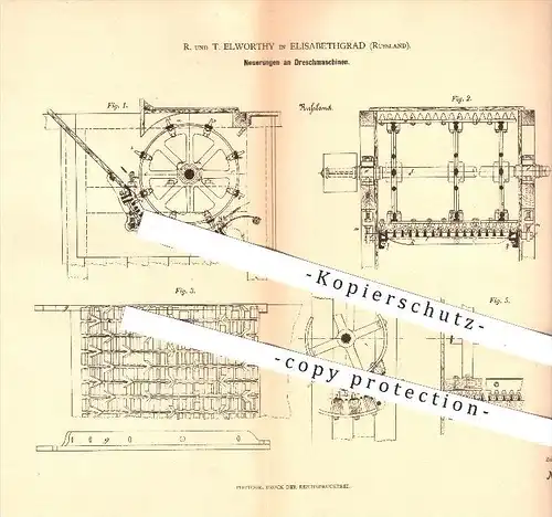 original Patent - R. & T. Elworthy , Elisabethgrad , Russland , 1880 , Dreschmaschine , Dreschen , Drescher , Landwirt !