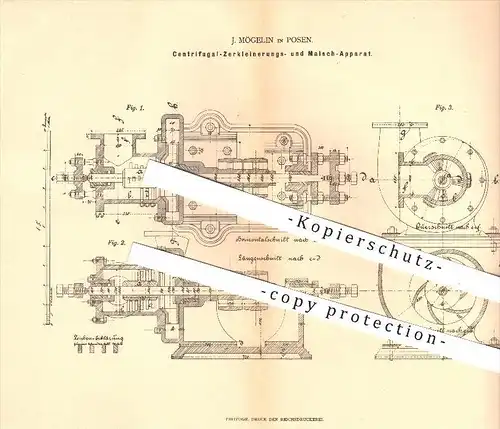 original Patent - J. Mögelin in Posen , 1880 , Zentrifugal-Zerkleinerungs- u. Maische - Apparat , Bier , Brauerei !!!