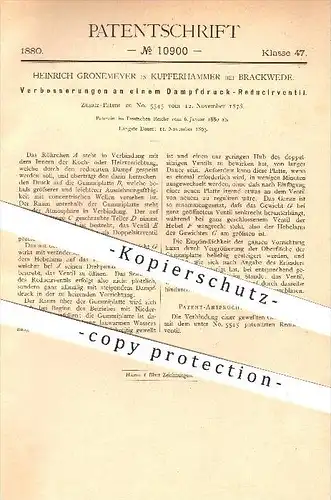 original Patent - Heinrich Gronemeyer , Kupferhammer bei Brackwede , 1880 , Dampfdruck - Reduzierventil , Dampfmaschinen