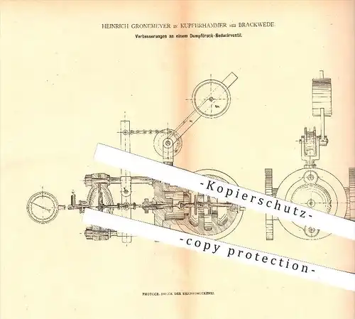 original Patent - Heinrich Gronemeyer , Kupferhammer bei Brackwede , 1880 , Dampfdruck - Reduzierventil , Dampfmaschinen