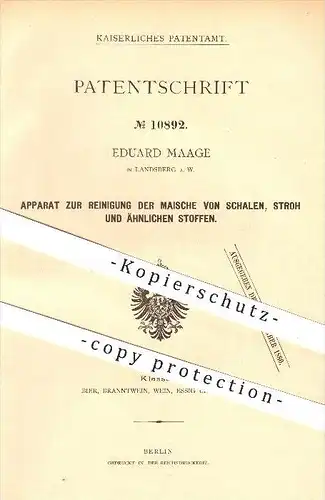 original Patent - Eduard Maage in Landsberg a. W. , 1880 , Reinigung von Maische , Stroh , Bier , Brauerei !!!