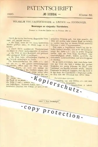 original Patent - Wilhelm Haltaufderheide in Linden vor Hannover , 1880 , steigende Türbänder , Türband , Tür , Türen !!