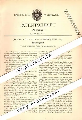 Original Patent -Johann Andrée in Esens , Niedersachsen , 1881 , Schwimmapparat  !!!