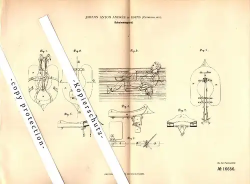 Original Patent -Johann Andrée in Esens , Niedersachsen , 1881 , Schwimmapparat  !!!