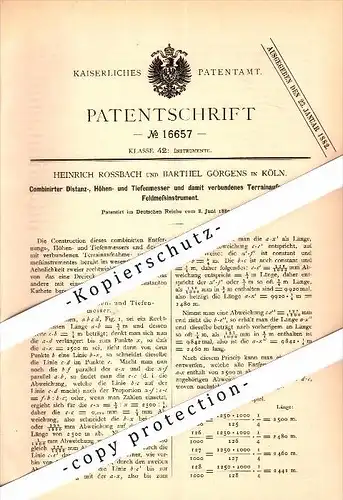 Original Patent - H. Rossbach und B. Görgens in Köln , 1880 , Höhen- und Tiefenmesser , Feldmesser , Vermesser !!!