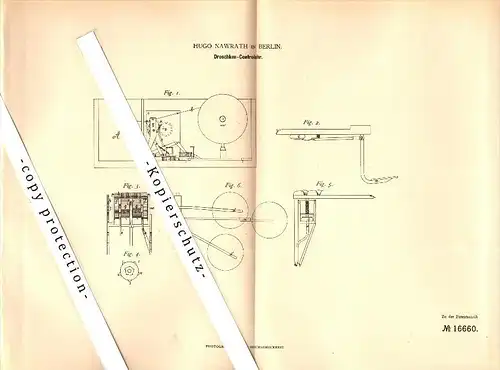 Original Patent - Hugo Nawrath in Berlin , 1880 , Droschken - Controluhr , Taxameter , Taxi !!!