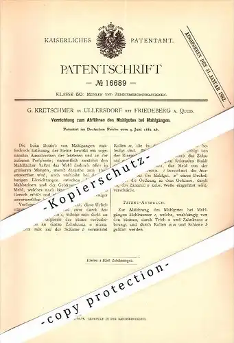 Original Patent - G. Kretschmer in Ullersdorf b. Friedeberg a. Queis / Mirsk , 1881 , Apparat für Mühle , Schlesien !!!