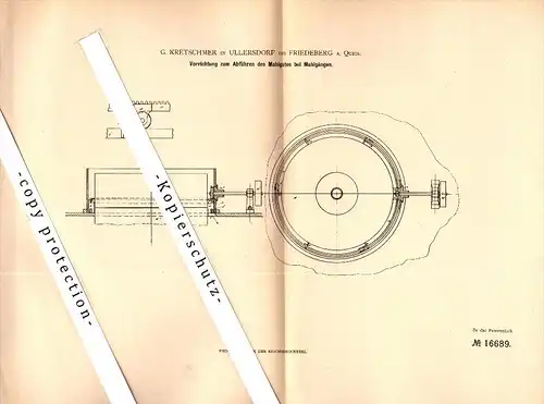 Original Patent - G. Kretschmer in Ullersdorf b. Friedeberg a. Queis / Mirsk , 1881 , Apparat für Mühle , Schlesien !!!