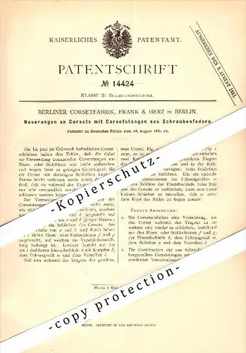 Original Patent - Berliner Corsetfabrik , Frank & Herz in Berlin , 1880 , Corset mit Stangen aus Federn , Korsett !!!