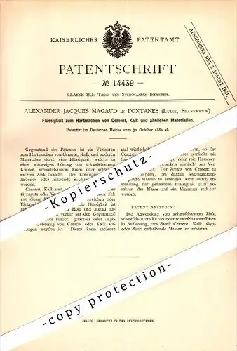 Original Patent - Alexander Jacques Magaud in Fontanes , Loire , 1880 , Liquide pour le durcissement du ciment !!!