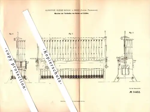 Original Patent - Alphonse A. Royau à Le Mans , Sarthe , 1880 , Machine pour la fabrication de bougies !!!