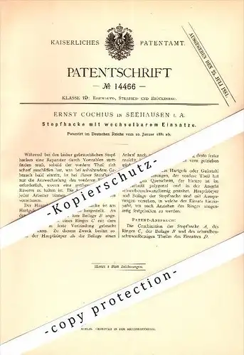 Original Patent - Ernst Cochius in Seehausen i. Altmark , 1881 , wechselbare Stopfhacke !!