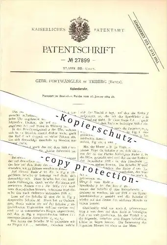 original Patent - Gebrüder Fortwängler in Triberg , 1884 , Kalenderuhr , Kalender , Uhr , Uhren , Uhrmacher , Zeit !!!