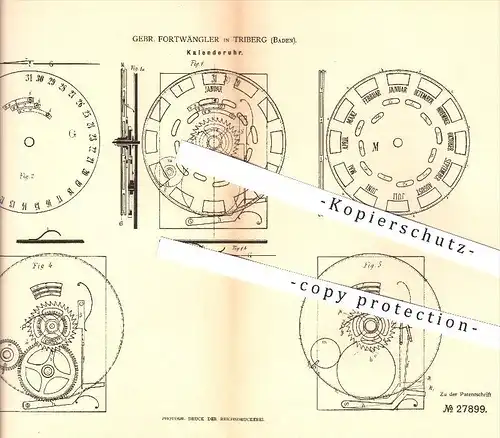 original Patent - Gebrüder Fortwängler in Triberg , 1884 , Kalenderuhr , Kalender , Uhr , Uhren , Uhrmacher , Zeit !!!