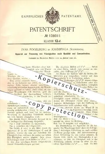 original Patent - Ivar Fogelberg in Jordberga , Schweden , 1901 , Trennung von Flüssigkeiten , Flüssigkeit !!!