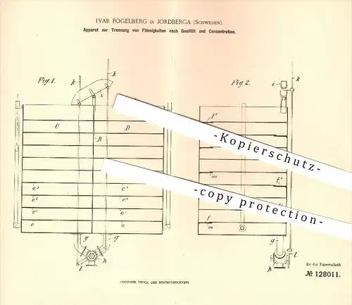 original Patent - Ivar Fogelberg in Jordberga , Schweden , 1901 , Trennung von Flüssigkeiten , Flüssigkeit !!!