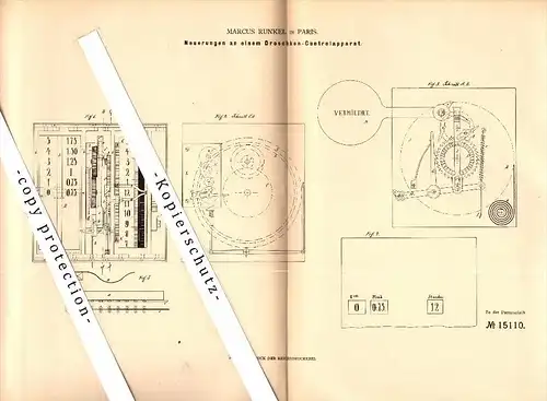 Original Patent - Marcus Runkel in Paris , 1880 , Droschken - Controlapparat , Taxameter , Taxi !!!