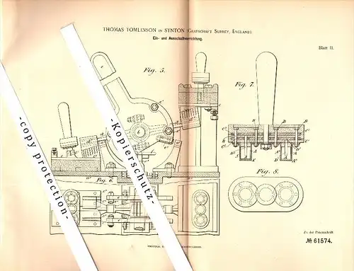 Original Patent - Thomas Tomlinson in Synton , Surrey , 1891 , Switching apparatus for Electrical !!!