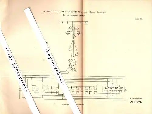 Original Patent - Thomas Tomlinson in Synton , Surrey , 1891 , Switching apparatus for Electrical !!!