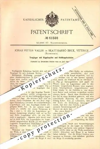 Original Patent - Jonas P. Vallin in Skattmansö Bruk , Vittinge , Sweden , 1891 , Lager für Maschinenbau !!!