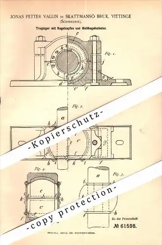 Original Patent - Jonas P. Vallin in Skattmansö Bruk , Vittinge , Sweden , 1891 , Lager für Maschinenbau !!!