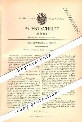 Original Patent - Richard Henkmann in Berlin , 1888 , Flaschenverschluss , Flaschen !!!