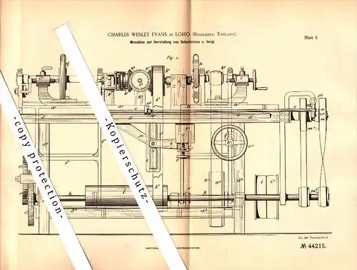 Original Patent - Charles Wesley Evans in Loho , Millesex , England , 1887 , Machine for shoe lasts !!!