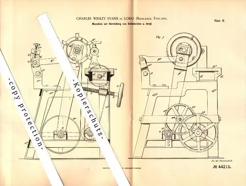 Original Patent - Charles Wesley Evans in Loho , Millesex , England , 1887 , Machine for shoe lasts !!!