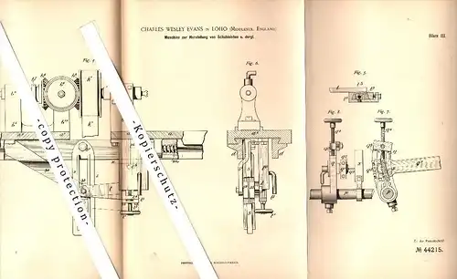 Original Patent - Charles Wesley Evans in Loho , Millesex , England , 1887 , Machine for shoe lasts !!!