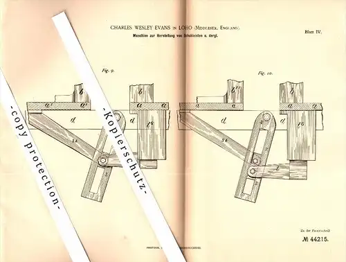 Original Patent - Charles Wesley Evans in Loho , Millesex , England , 1887 , Machine for shoe lasts !!!
