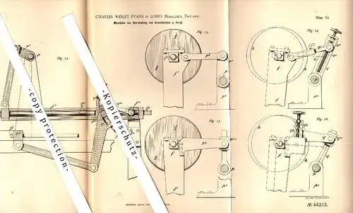 Original Patent - Charles Wesley Evans in Loho , Millesex , England , 1887 , Machine for shoe lasts !!!