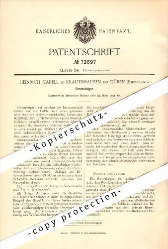 Original Patent - Heinrich Carell in Krauthausen b. Düren , 1893 , Rostreiniger , Heizungsbau , Heizung , Ofen !!!
