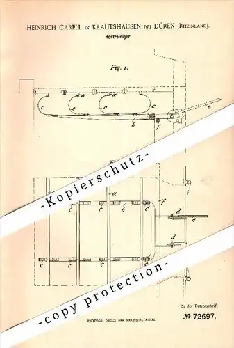 Original Patent - Heinrich Carell in Krauthausen b. Düren , 1893 , Rostreiniger , Heizungsbau , Heizung , Ofen !!!