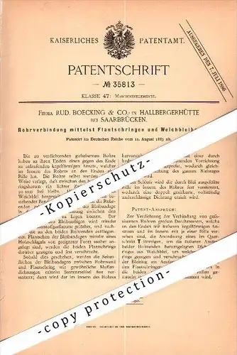 Original Patent - R. Boecking & Co. in Hallbergerhütte b. Saarbrücken , 1885 , Rohrverbindung mit Bleibandagen !!!