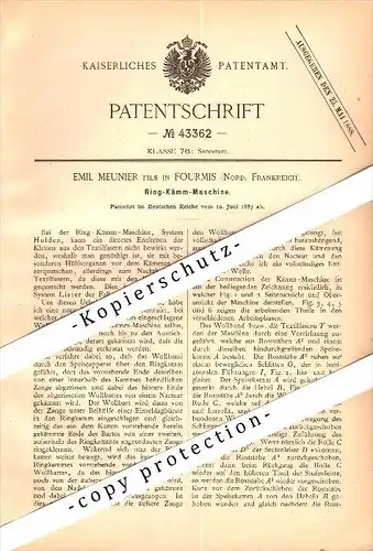 Original Patent - Emil Meunier à Fourmies , Nord , 1887 , Machine pour la filature !!!