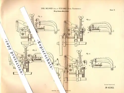 Original Patent - Emil Meunier à Fourmies , Nord , 1887 , Machine pour la filature !!!