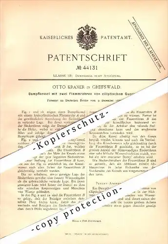 Original Patent - Otto Kramer in Greifswald i. Mecklenburg , 1887 , Dampfkessel mit Flammrohren !!!