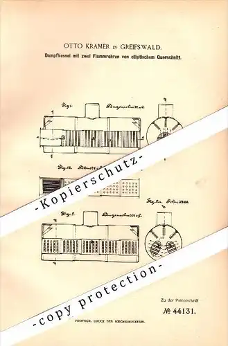 Original Patent - Otto Kramer in Greifswald i. Mecklenburg , 1887 , Dampfkessel mit Flammrohren !!!