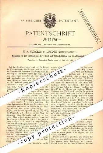 Original Patent - E.A. Blöcker in Lunden b. Dithmarschen , 1887 , Flügel für Schiffspropeller , Eider !!!