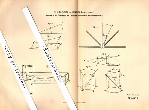 Original Patent - E.A. Blöcker in Lunden b. Dithmarschen , 1887 , Flügel für Schiffspropeller , Eider !!!