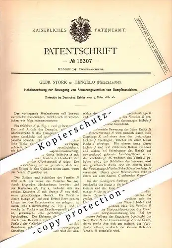 Original Patent -Gebr. Stork in Hengelo , 1881 , Steuerung für Dampfmaschine , Niederlande !!!