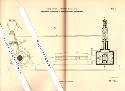 Original Patent -Gebr. Stork in Hengelo , 1881 , Steuerung für Dampfmaschine , Niederlande !!!