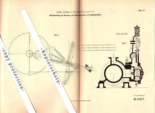 Original Patent -Gebr. Stork in Hengelo , 1881 , Steuerung für Dampfmaschine , Niederlande !!!