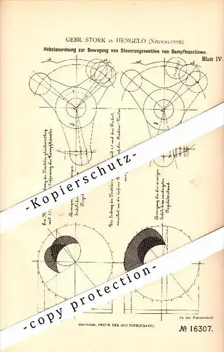 Original Patent -Gebr. Stork in Hengelo , 1881 , Steuerung für Dampfmaschine , Niederlande !!!