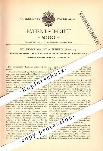Original Patent - Woldemar Kracht in Beshitza , Russland , 1881 , Scheidetrommel für Mühle , Brjansk !!!
